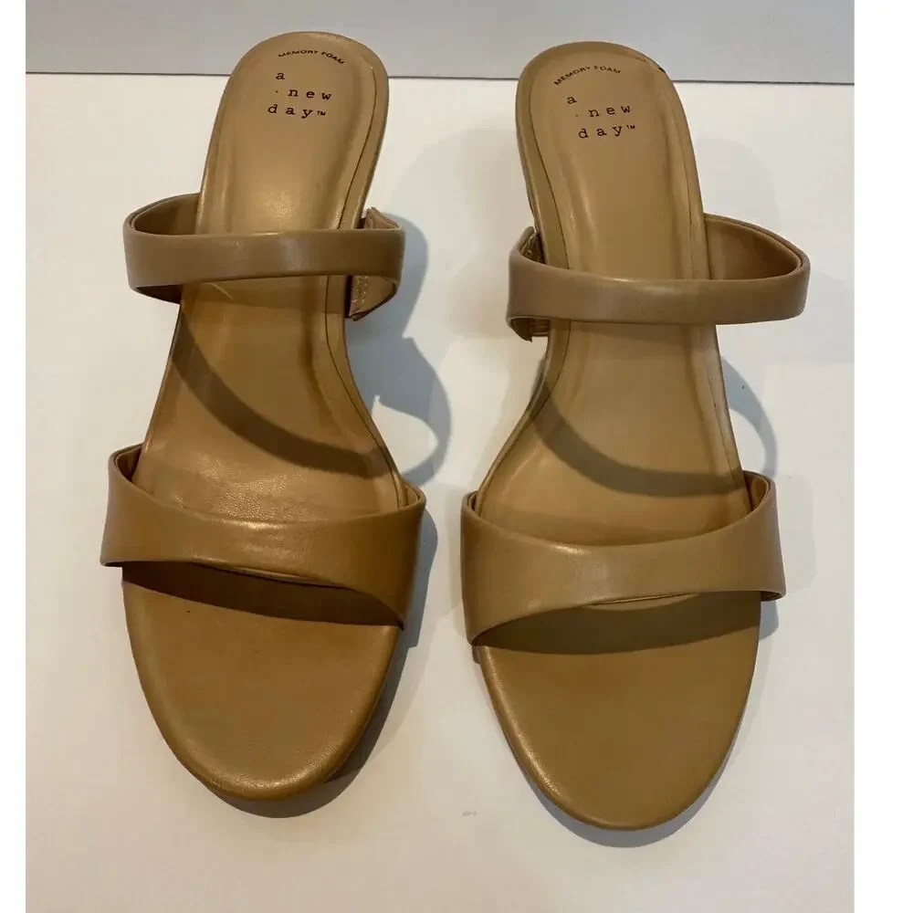 A New Day Paige Double Strap Heels Women’s 9 Beige Minimalist Sandals NWOT